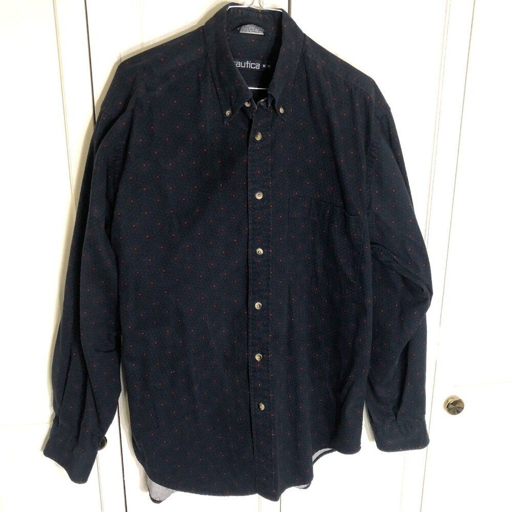 Vtg NAUTICA Shirt M Navy Red Green Pattern Long Sleeve Button Up 100% Cotton USA